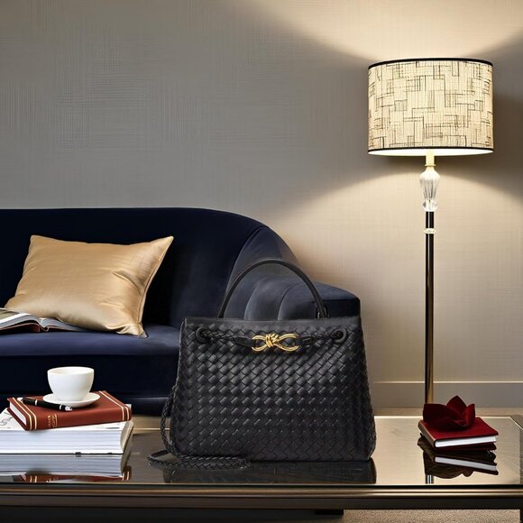 Versatile Woven Vegan Leather Handbag - Adjustable Strap, Magnetic Closure - Picture 9 of 9